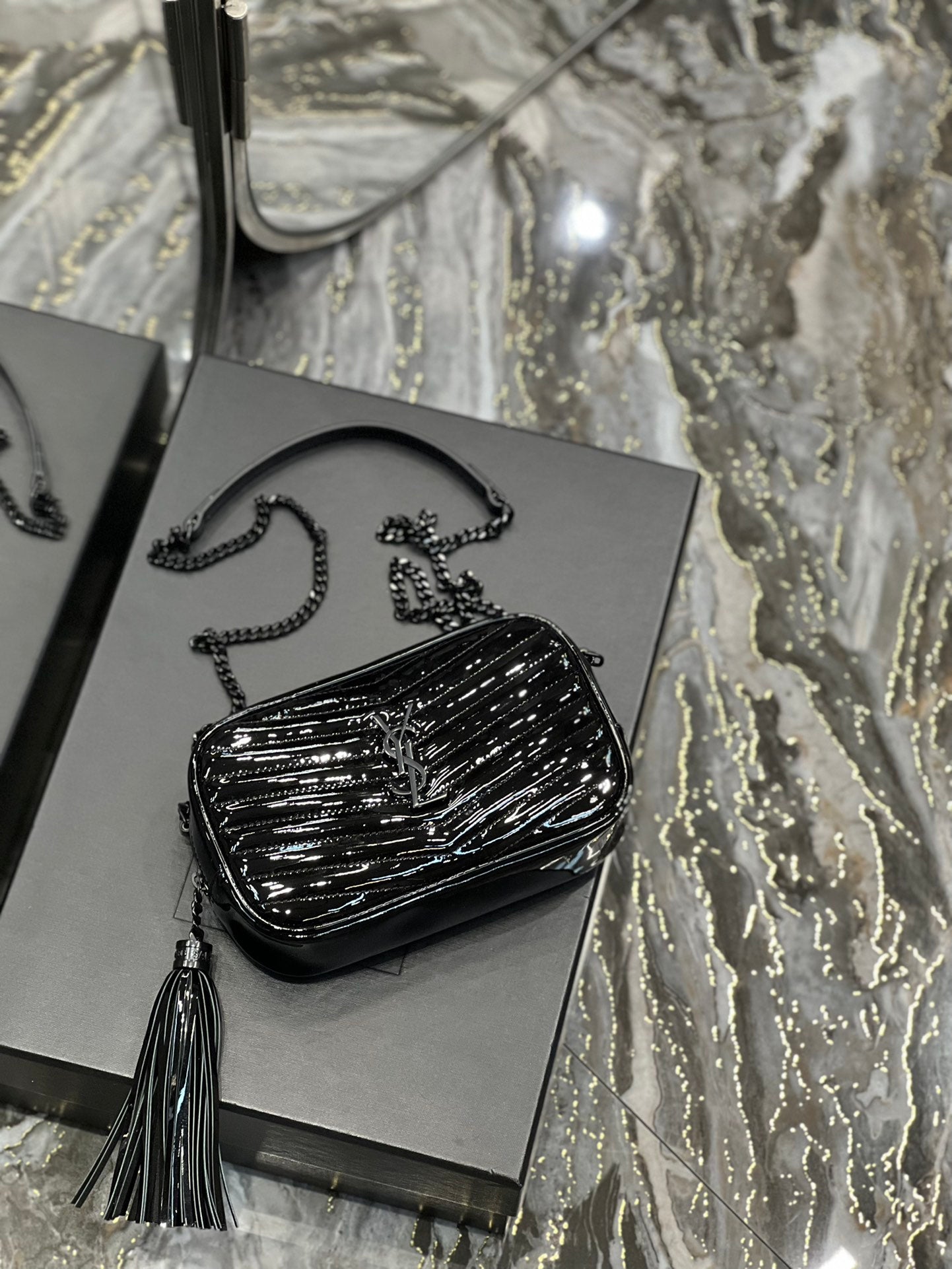 Quilted Black Patent Leather Crossbody Camera Bag with Tassel and Chain Strap