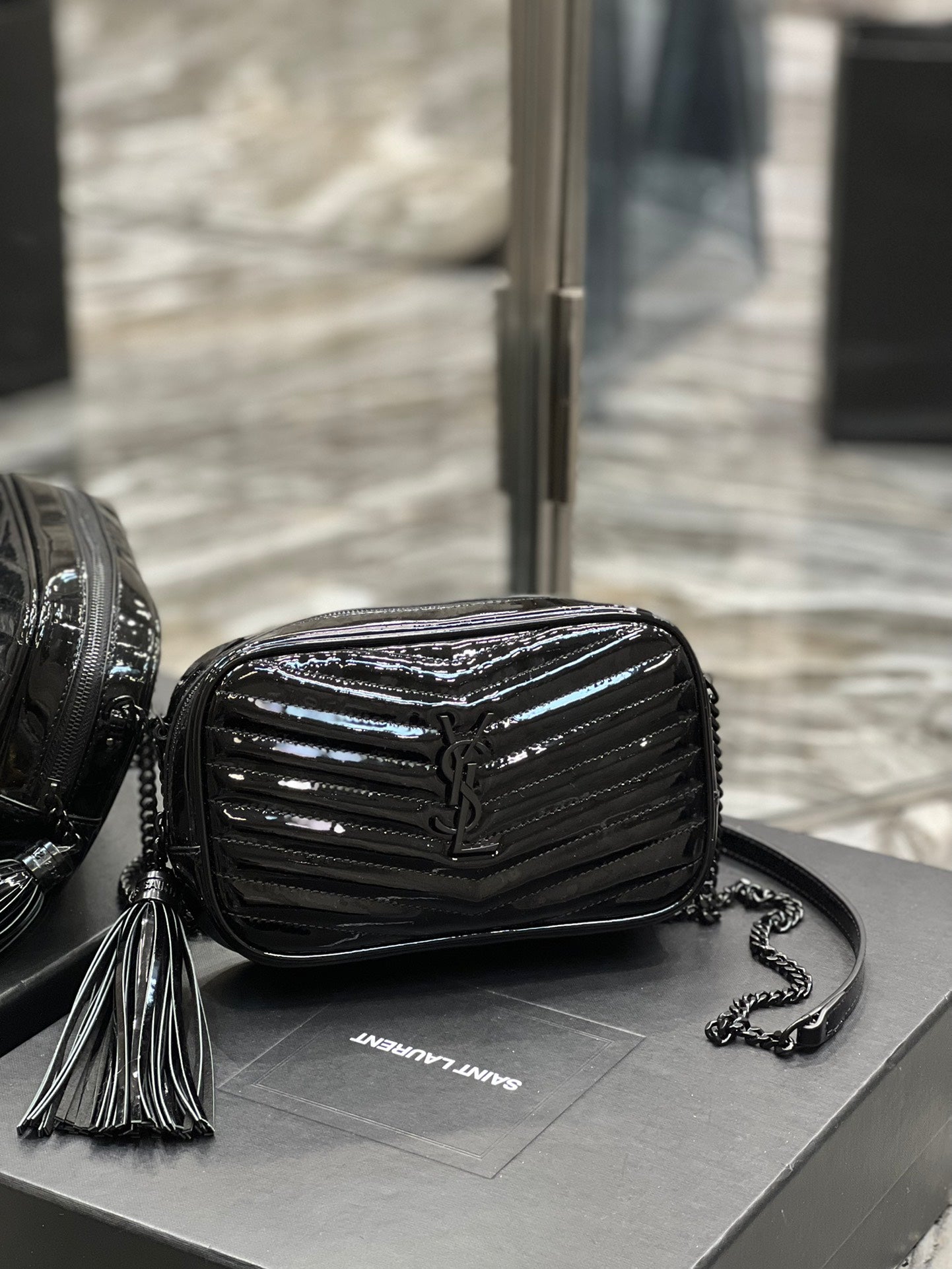 Quilted Black Patent Leather Crossbody Camera Bag with Tassel and Chain Strap