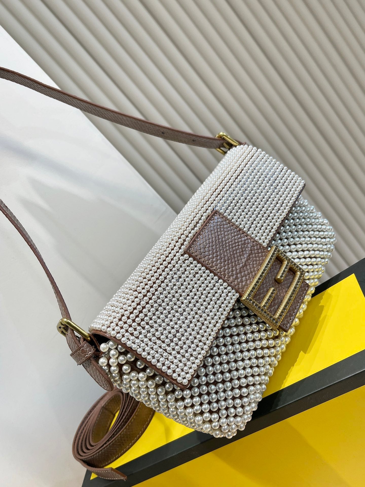 Luxury Patterned Beaded Baguette Shoulder Bag - Brown and Neutral Tones with Gold-Tone Buckle