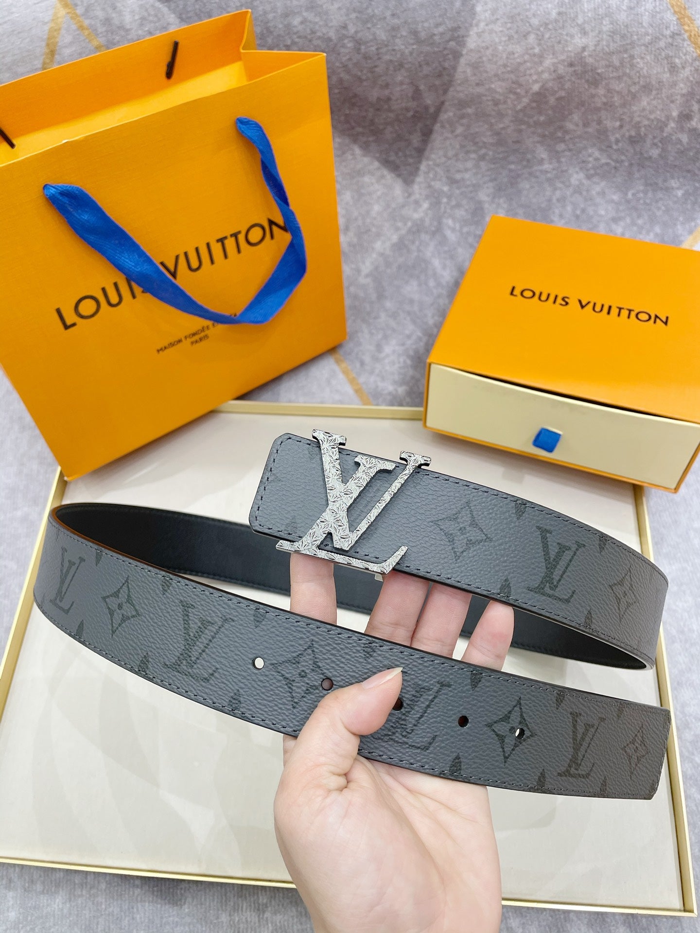 Louis Vuitton LV Initiales 40mm Belt Monogram Eclipse Grey with Silver Crystal Buckle, Includes Box and Bag