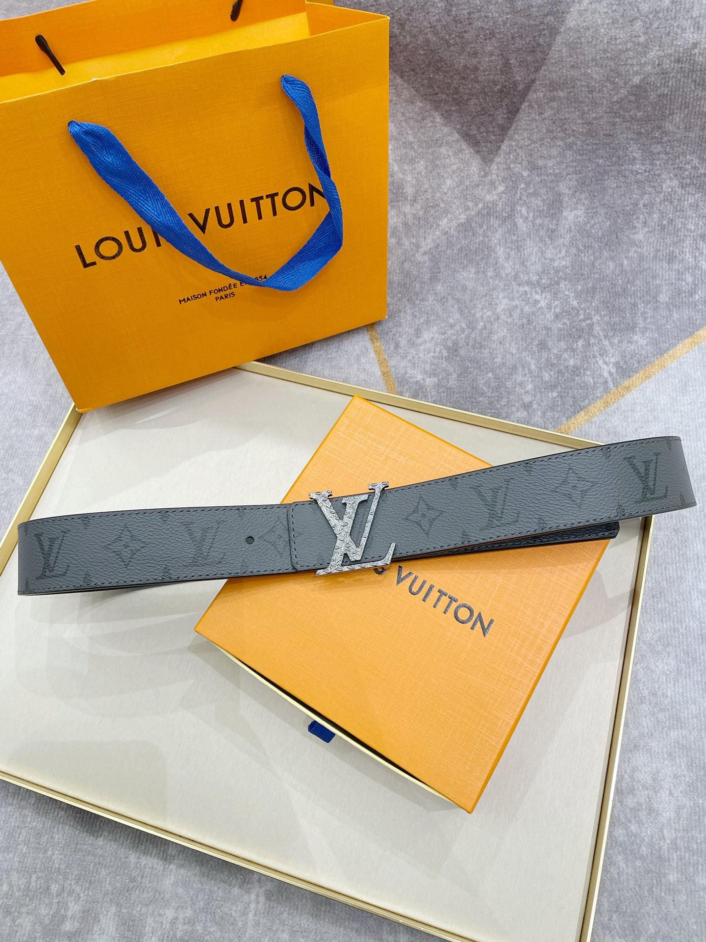 Louis Vuitton LV Initiales 40mm Belt Monogram Eclipse Grey with Silver Crystal Buckle, Includes Box and Bag