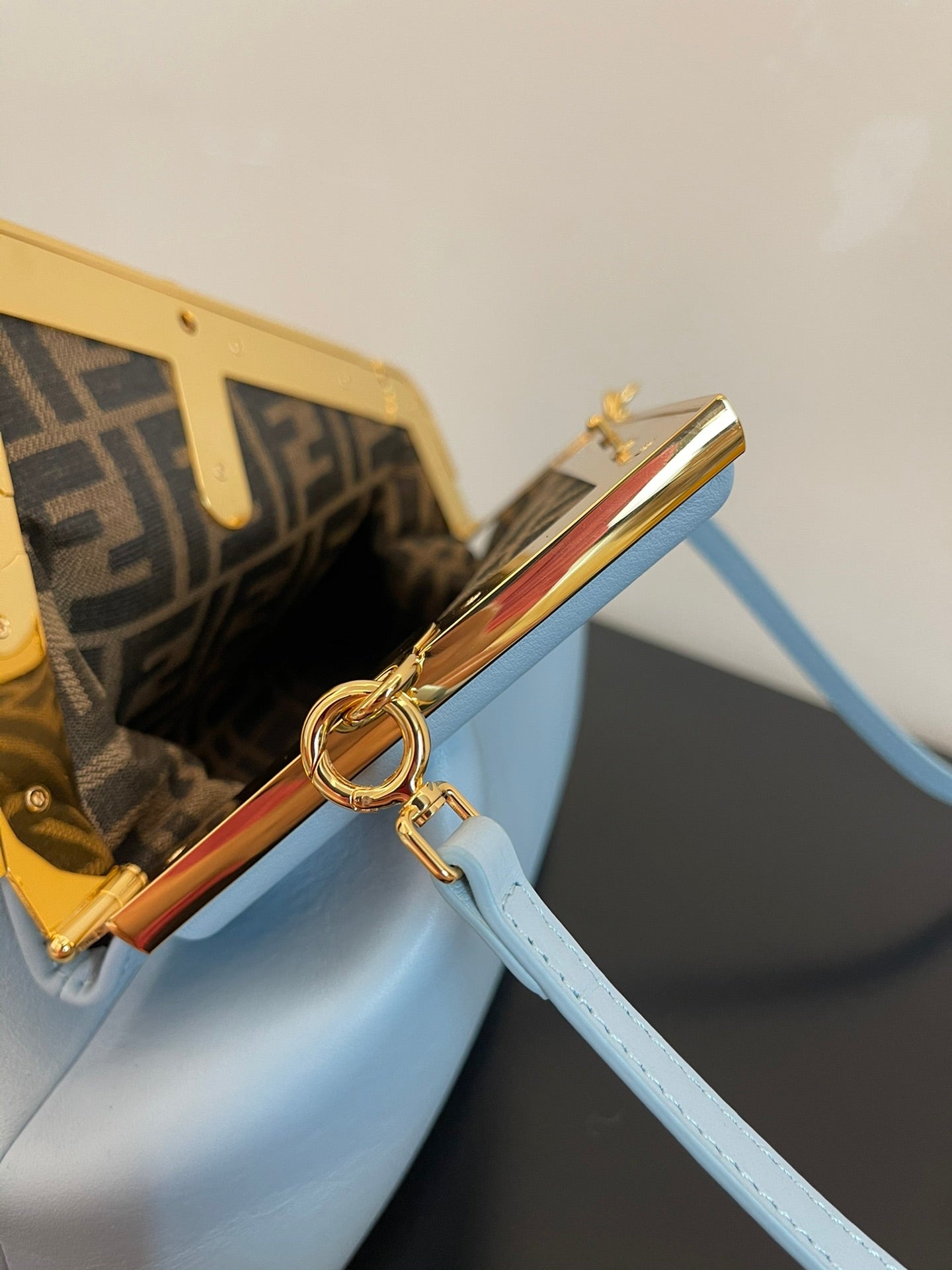 Small Light Blue Leather Frame Clutch - Elegant Asymmetric Crossbody Bag with Gold Hardware
