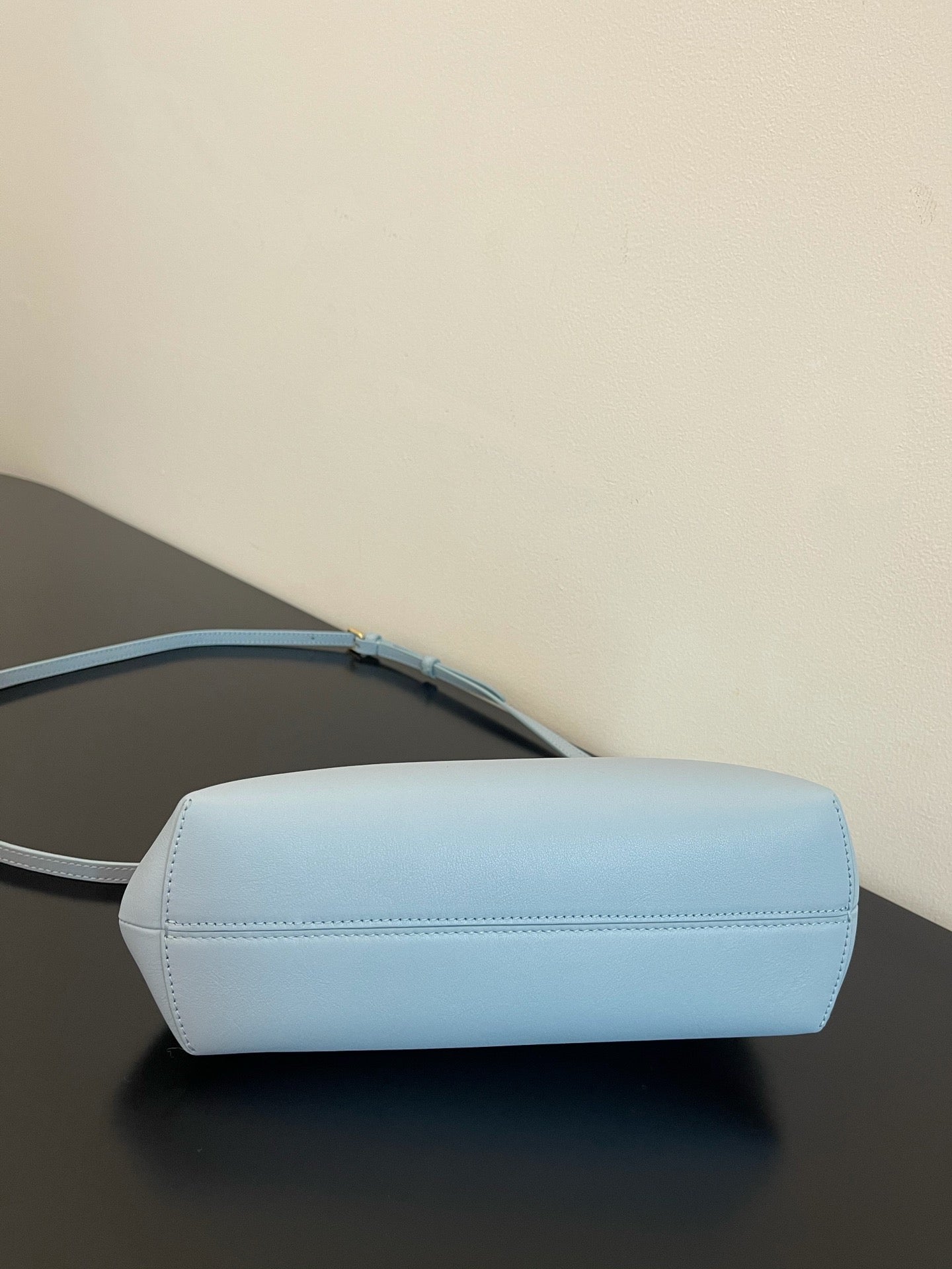 Small Light Blue Leather Frame Clutch - Elegant Asymmetric Crossbody Bag with Gold Hardware