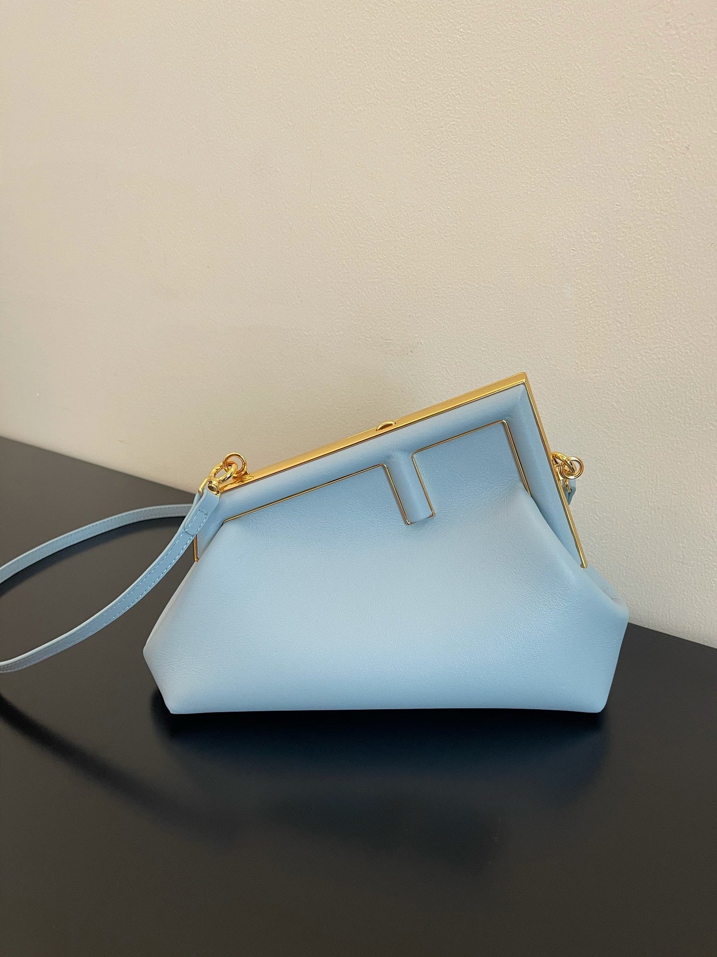 Small Light Blue Leather Frame Clutch - Elegant Asymmetric Crossbody Bag with Gold Hardware