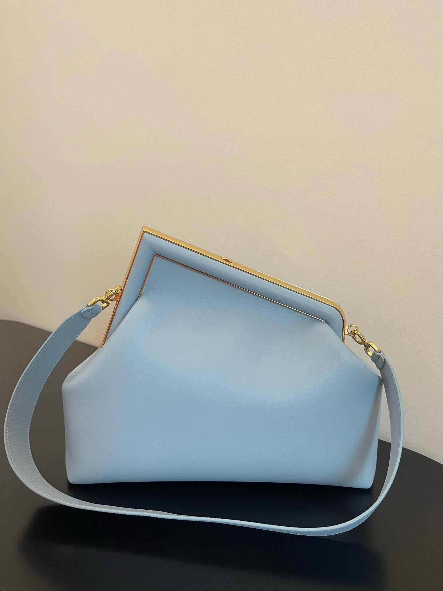 Fendi First Style Light Blue Leather Clutch Bag with Shoulder Strap