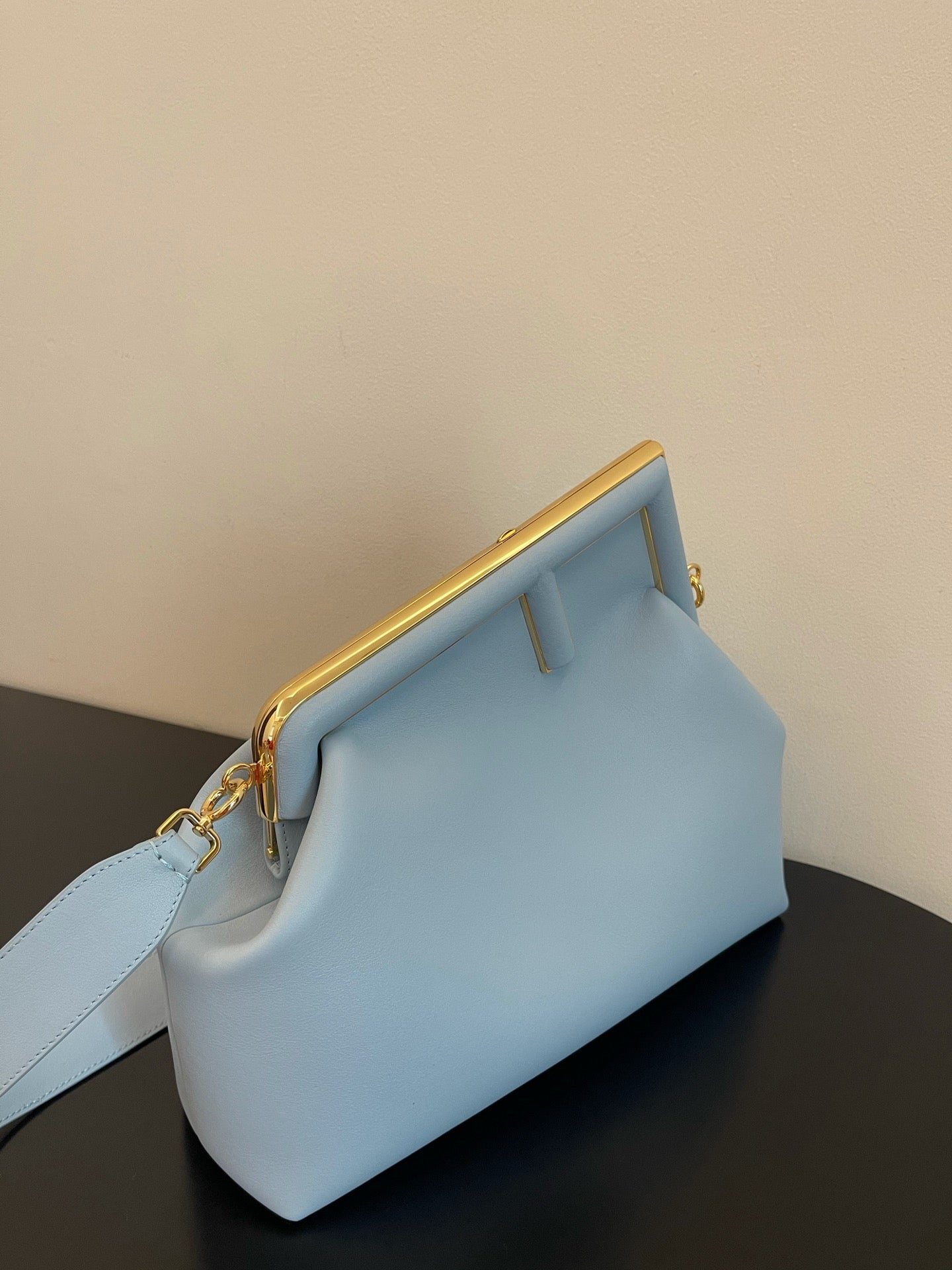 Fendi First Style Light Blue Leather Clutch Bag with Shoulder Strap