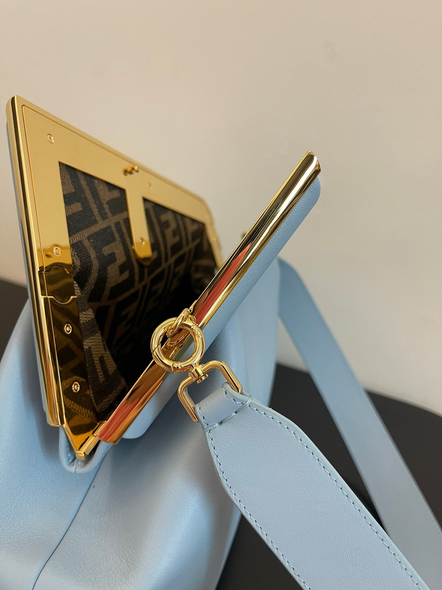 Fendi First Style Light Blue Leather Clutch Bag with Shoulder Strap