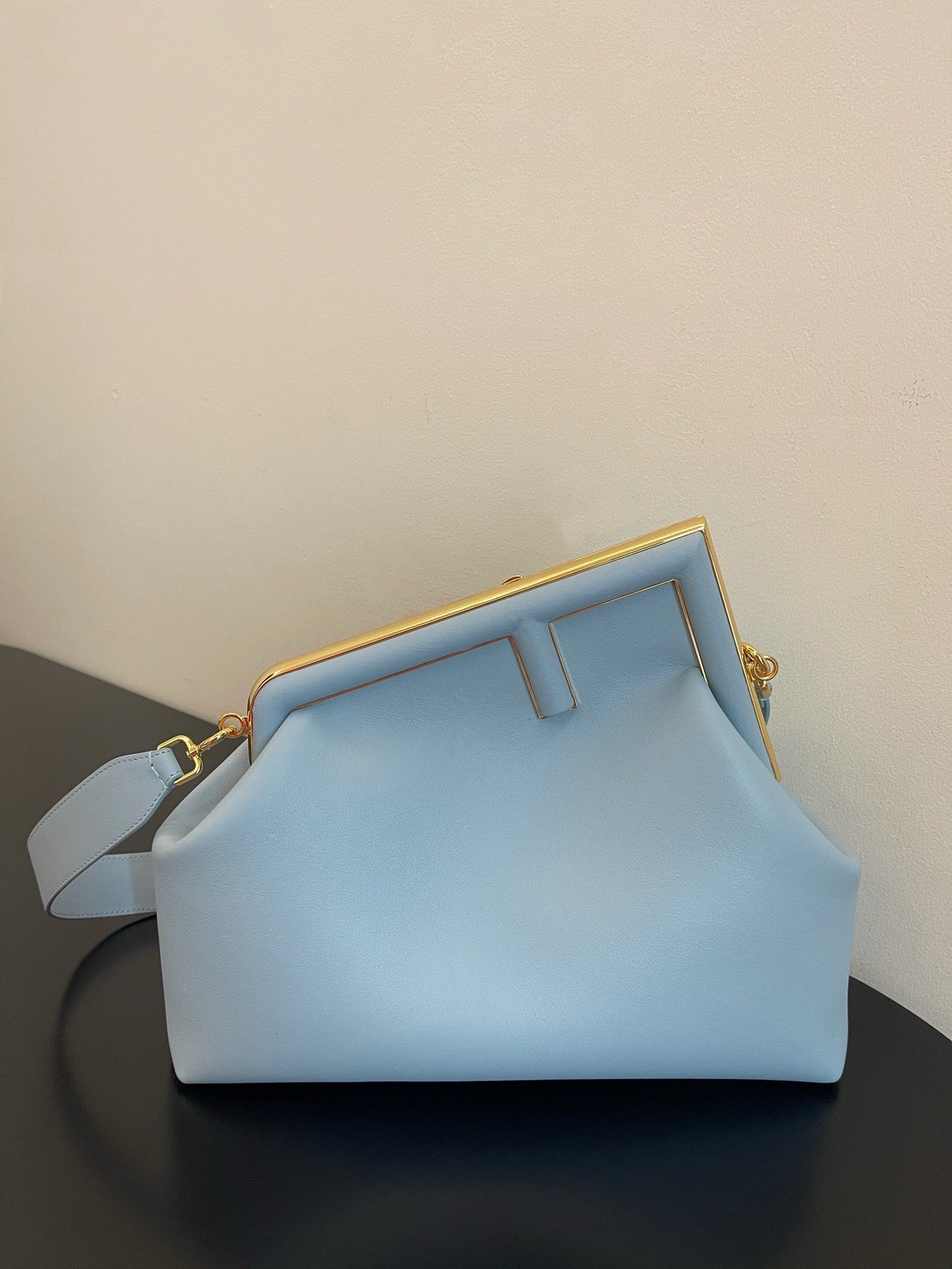 Fendi First Style Light Blue Leather Clutch Bag with Shoulder Strap
