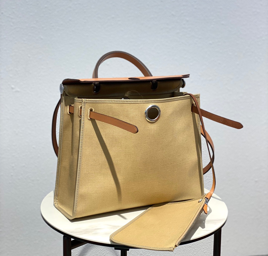 Classic Tan Canvas and Leather Top Handle Handbag - Elegant Shoulder Bag for Women