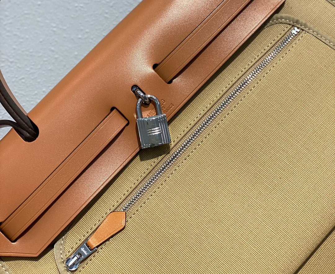 Classic Tan Canvas and Leather Top Handle Handbag - Elegant Shoulder Bag for Women