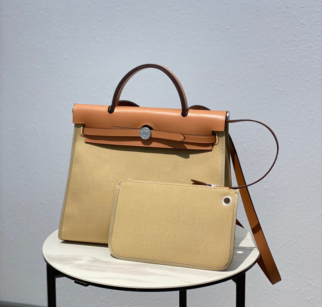 Classic Tan Canvas and Leather Top Handle Handbag - Elegant Shoulder Bag for Women