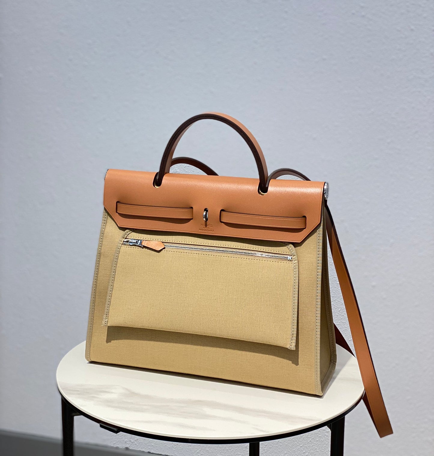 Classic Tan Canvas and Leather Top Handle Handbag - Elegant Shoulder Bag for Women
