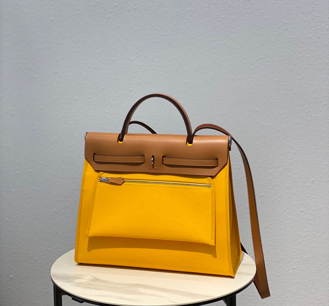 Luxury Two-Tone Yellow Canvas and Tan Leather Top Handle Shoulder Bag