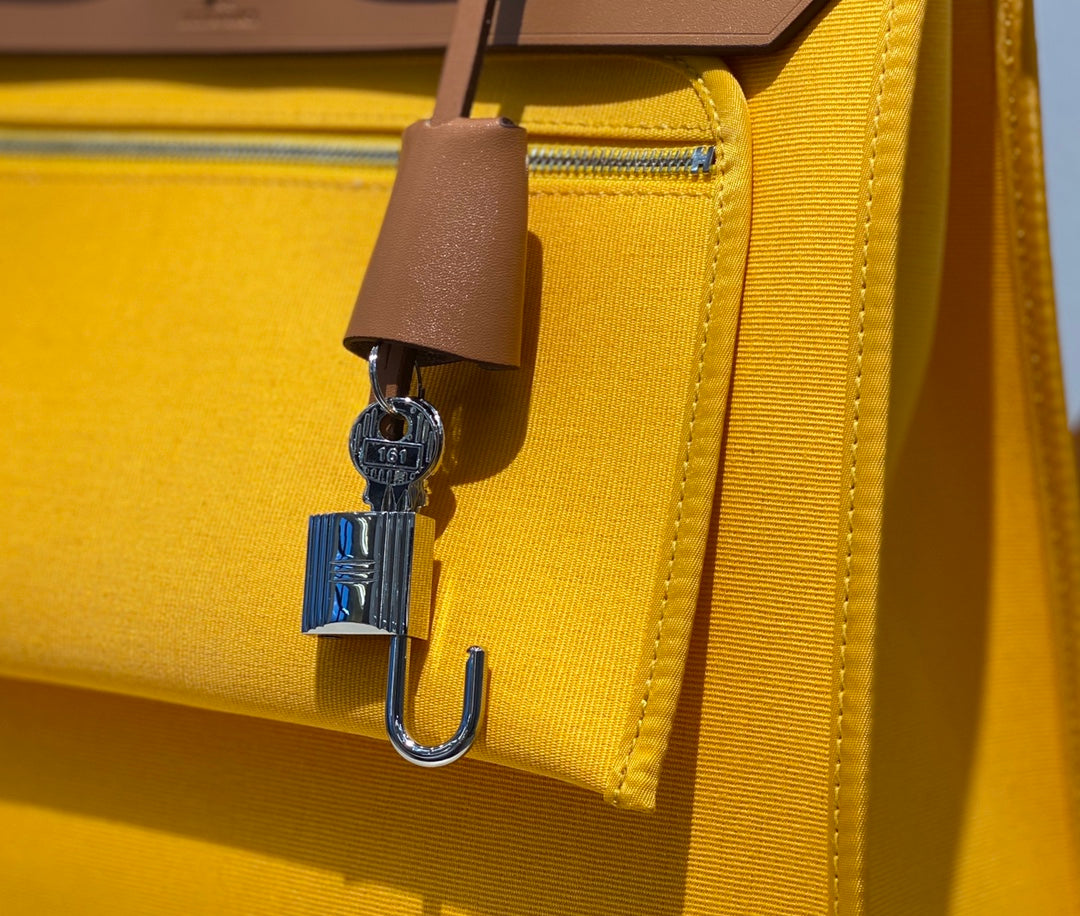 Luxury Two-Tone Yellow Canvas and Tan Leather Top Handle Shoulder Bag