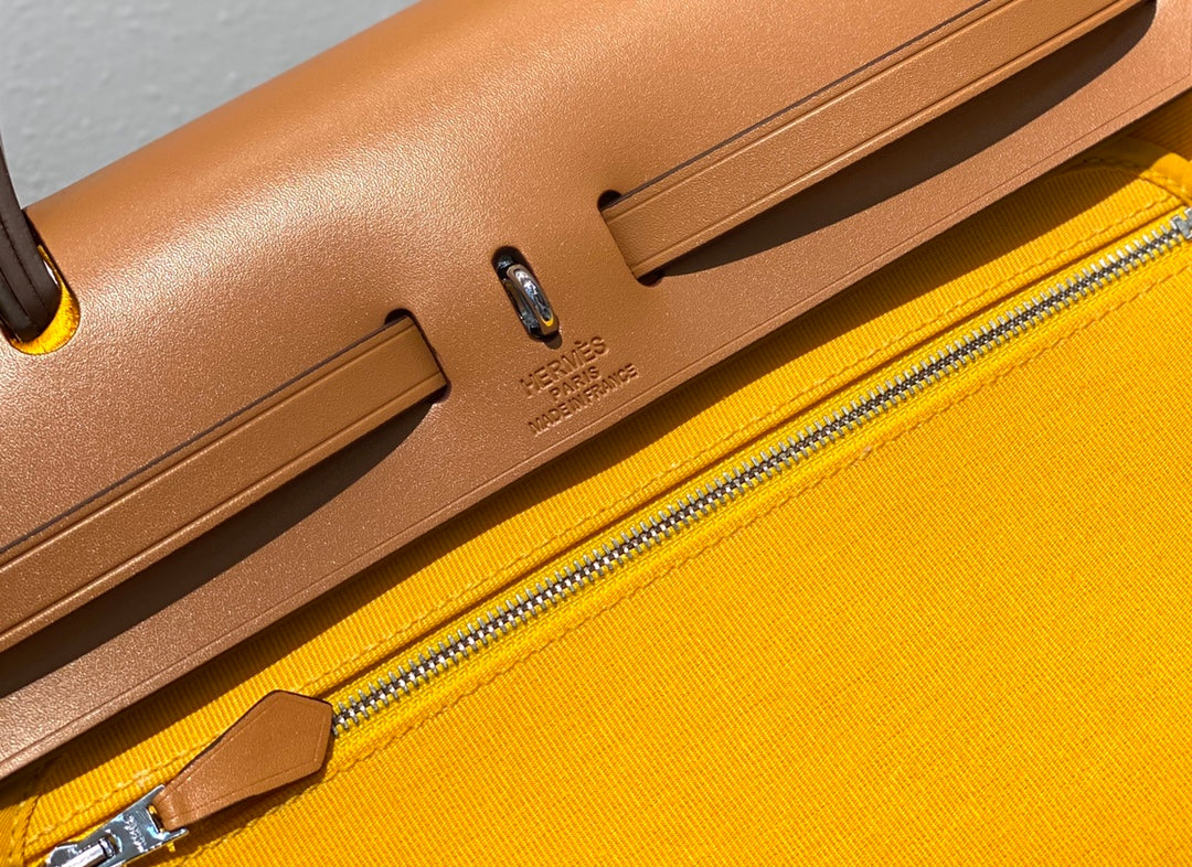 Luxury Two-Tone Yellow Canvas and Tan Leather Top Handle Shoulder Bag