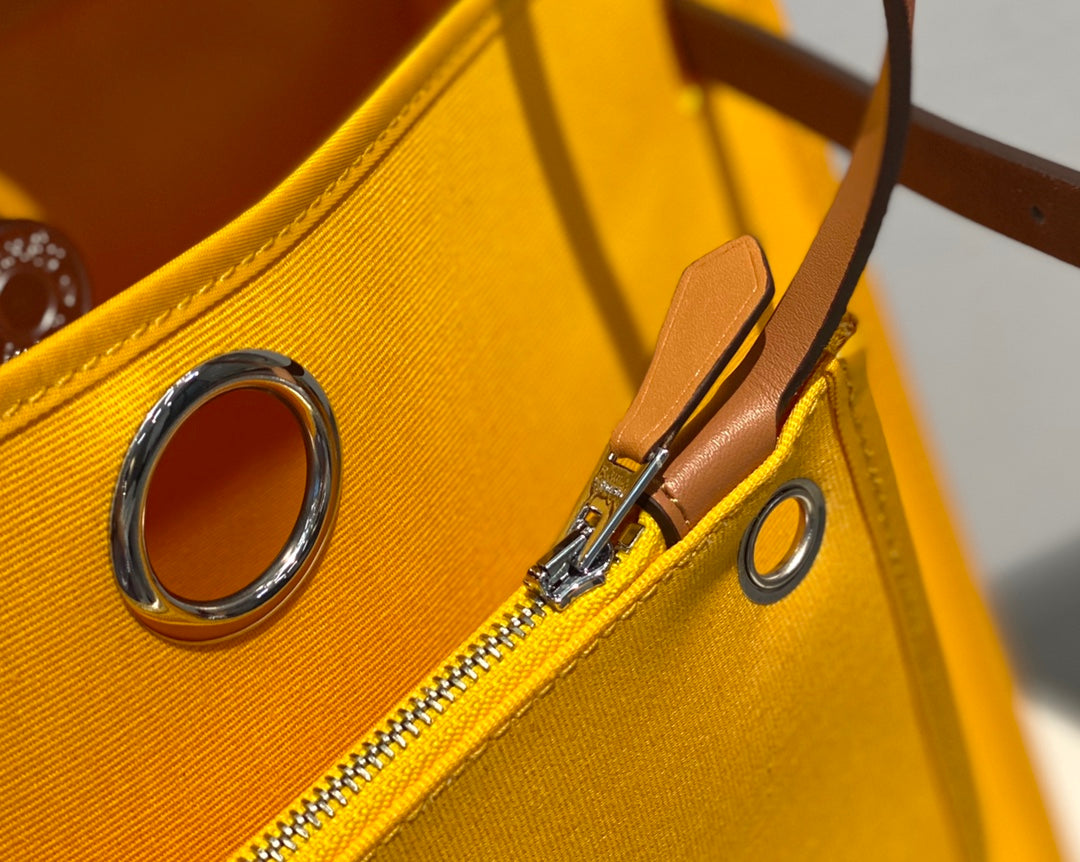 Luxury Two-Tone Yellow Canvas and Tan Leather Top Handle Shoulder Bag