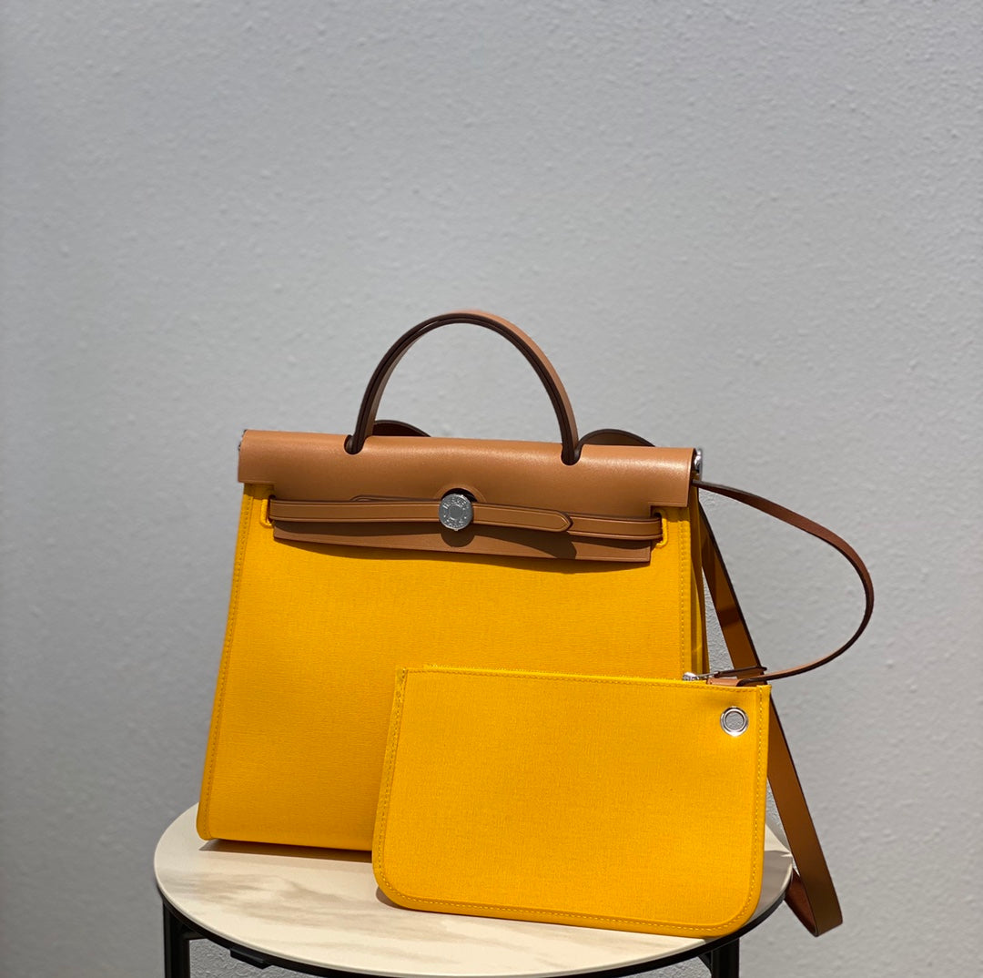 Luxury Two-Tone Yellow Canvas and Tan Leather Top Handle Shoulder Bag
