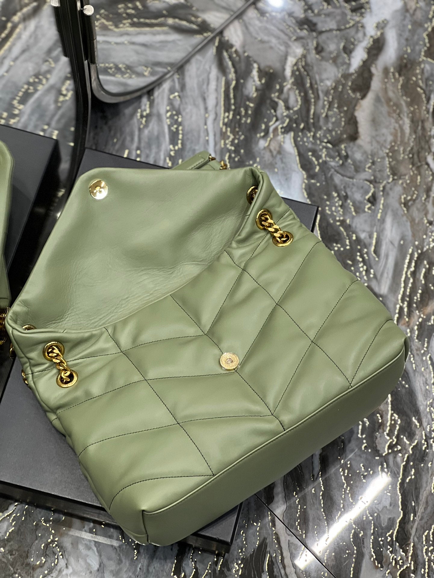 Saint Laurent Loulou Small Quilted Leather Shoulder Bag in Sage Green with Gold Hardware