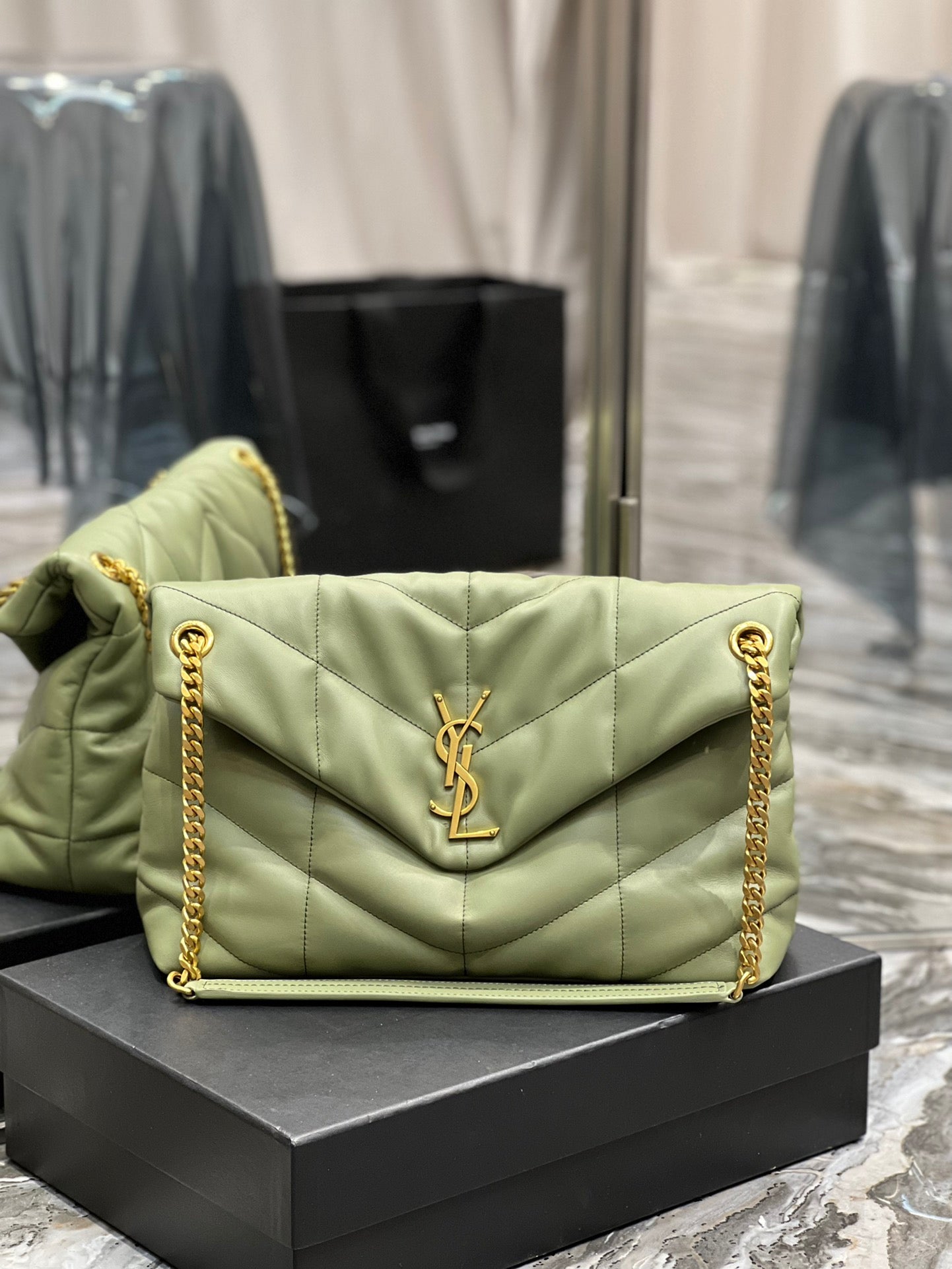 Saint Laurent Loulou Small Quilted Leather Shoulder Bag in Sage Green with Gold Hardware