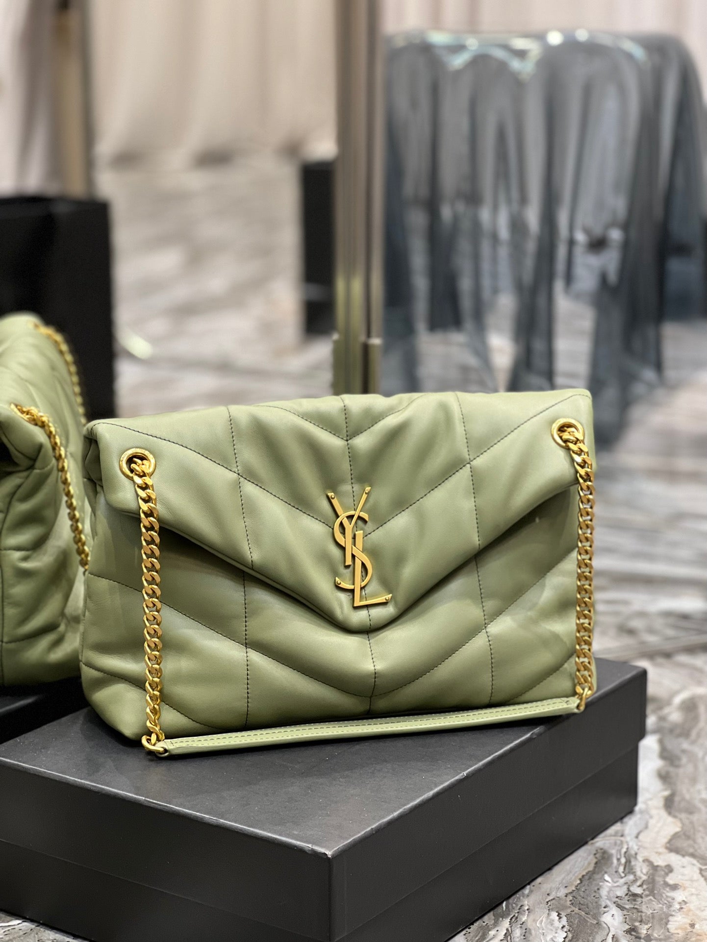 Saint Laurent Loulou Small Quilted Leather Shoulder Bag in Sage Green with Gold Hardware