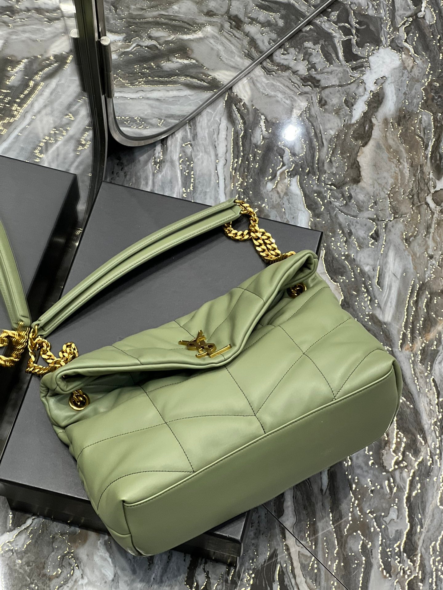 Saint Laurent Loulou Small Quilted Leather Shoulder Bag in Sage Green with Gold Hardware