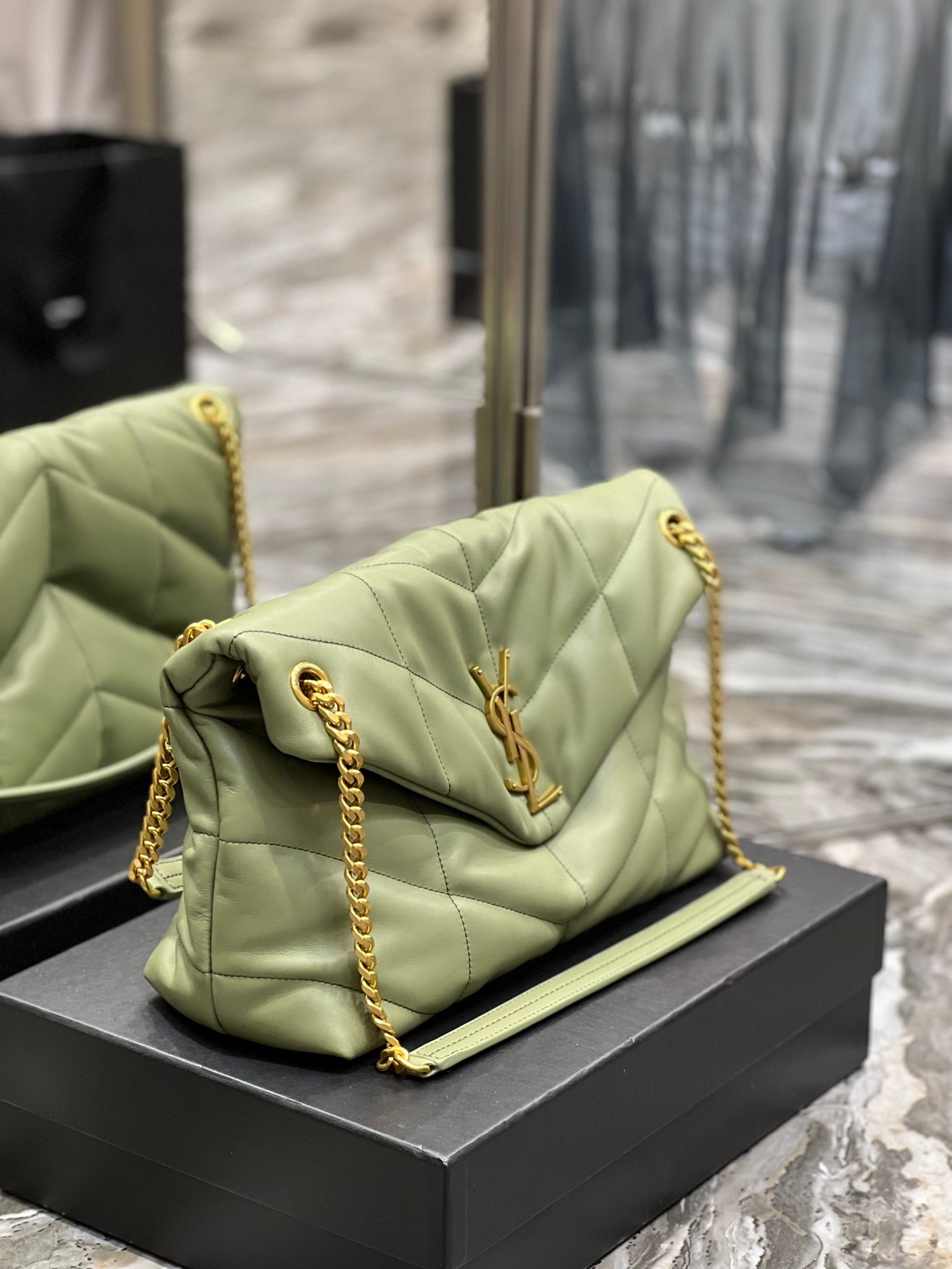 Saint Laurent Loulou Small Quilted Leather Shoulder Bag in Sage Green with Gold Hardware