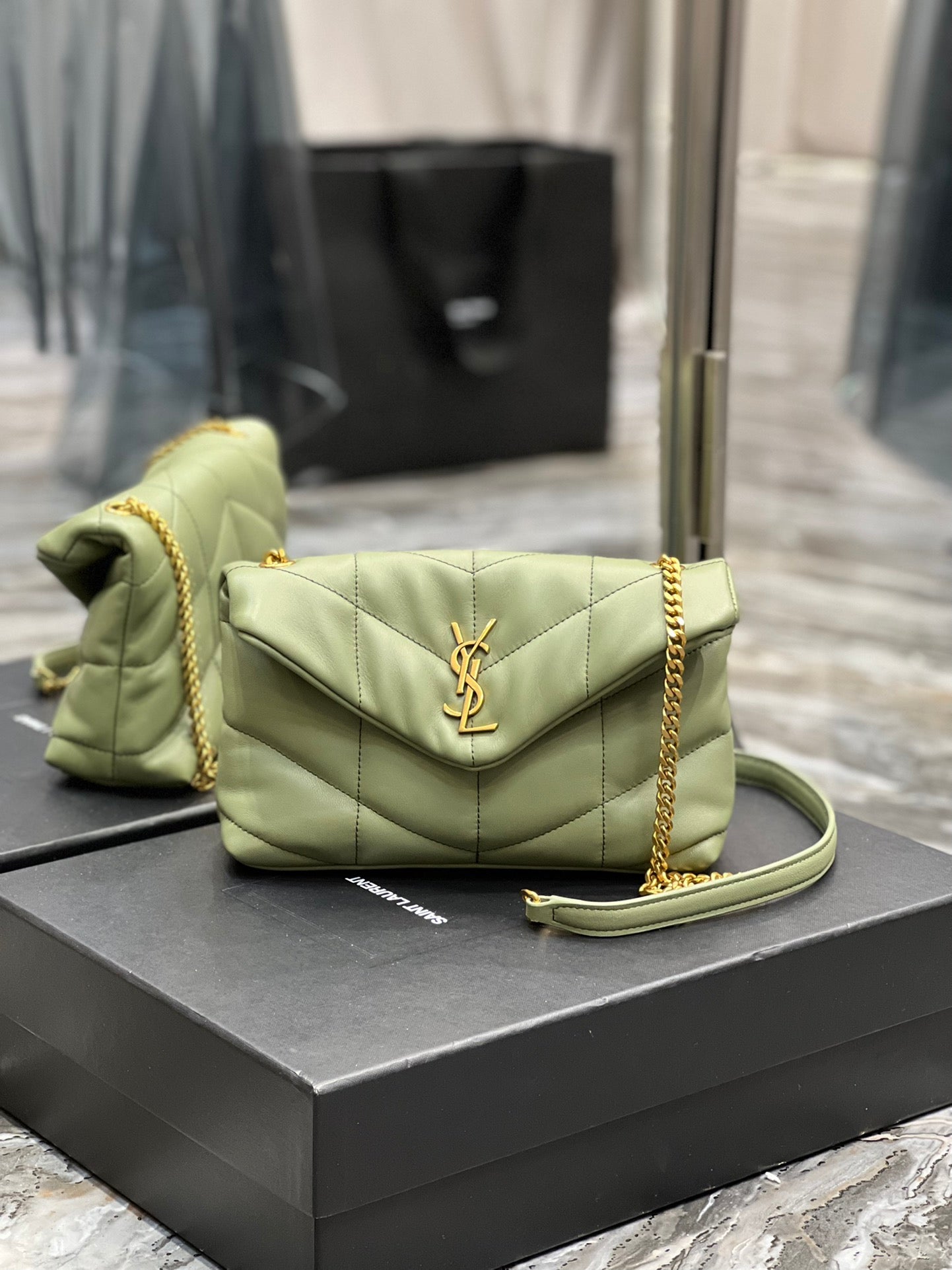 Saint Laurent Toy Loulou Puffer Bag in Quilted Lambskin - Sage Green Gold Hardware