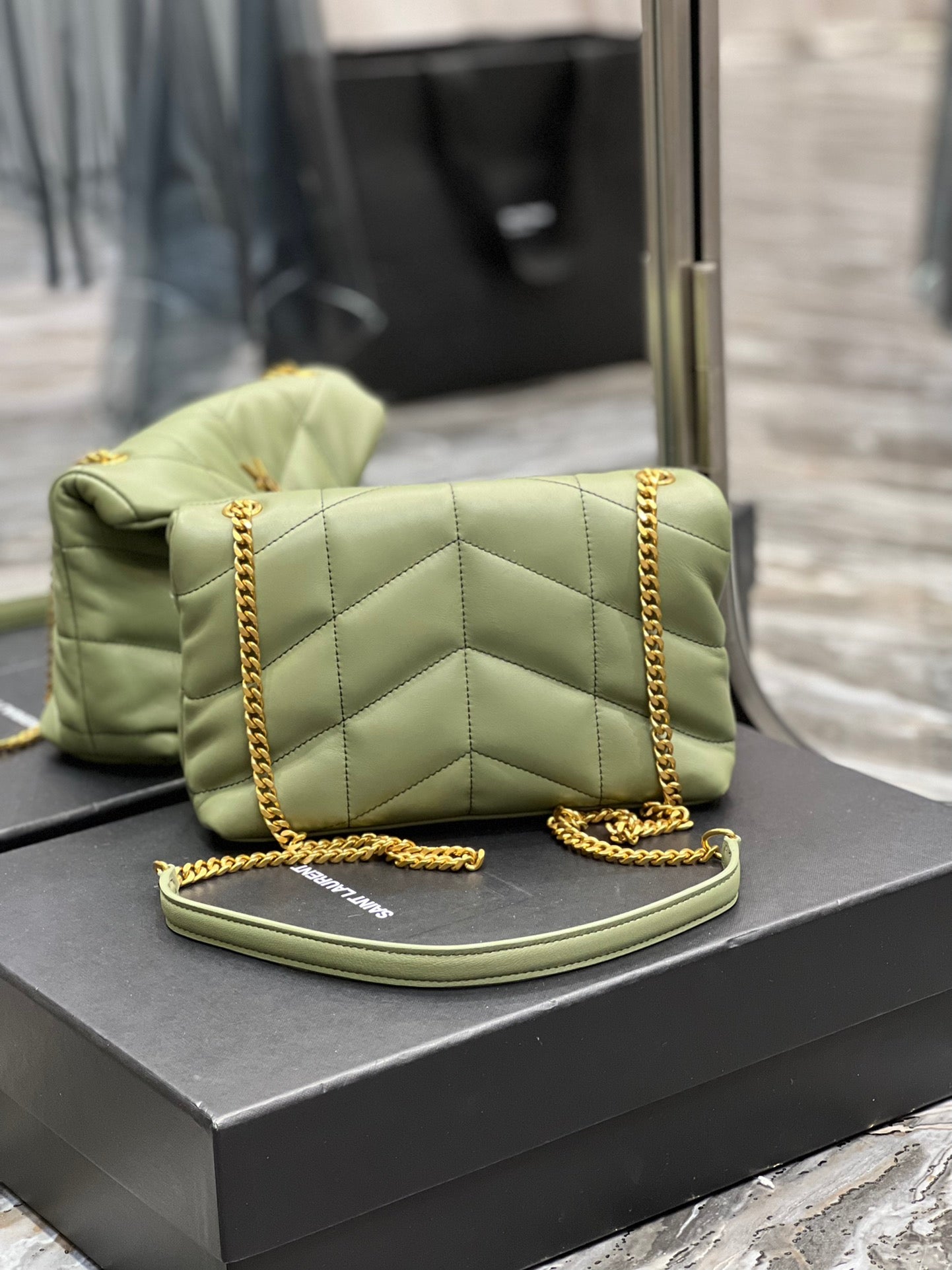 Saint Laurent Toy Loulou Puffer Bag in Quilted Lambskin - Sage Green Gold Hardware