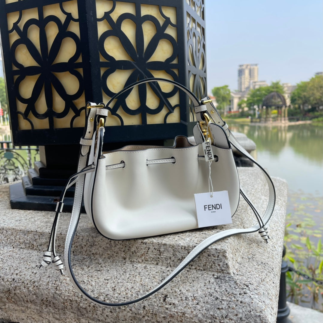 Fendi White Leather Mon Tresor Bucket Bag - Small Crossbody Handbag with Gold Hardware