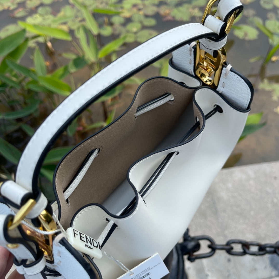 Fendi Small White Leather Bucket Bag - Luxury Drawstring Crossbody Handbag