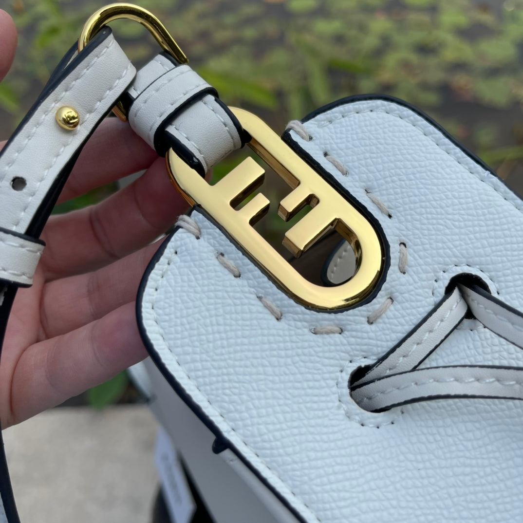 Fendi Small White Leather Bucket Bag - Luxury Drawstring Crossbody Handbag