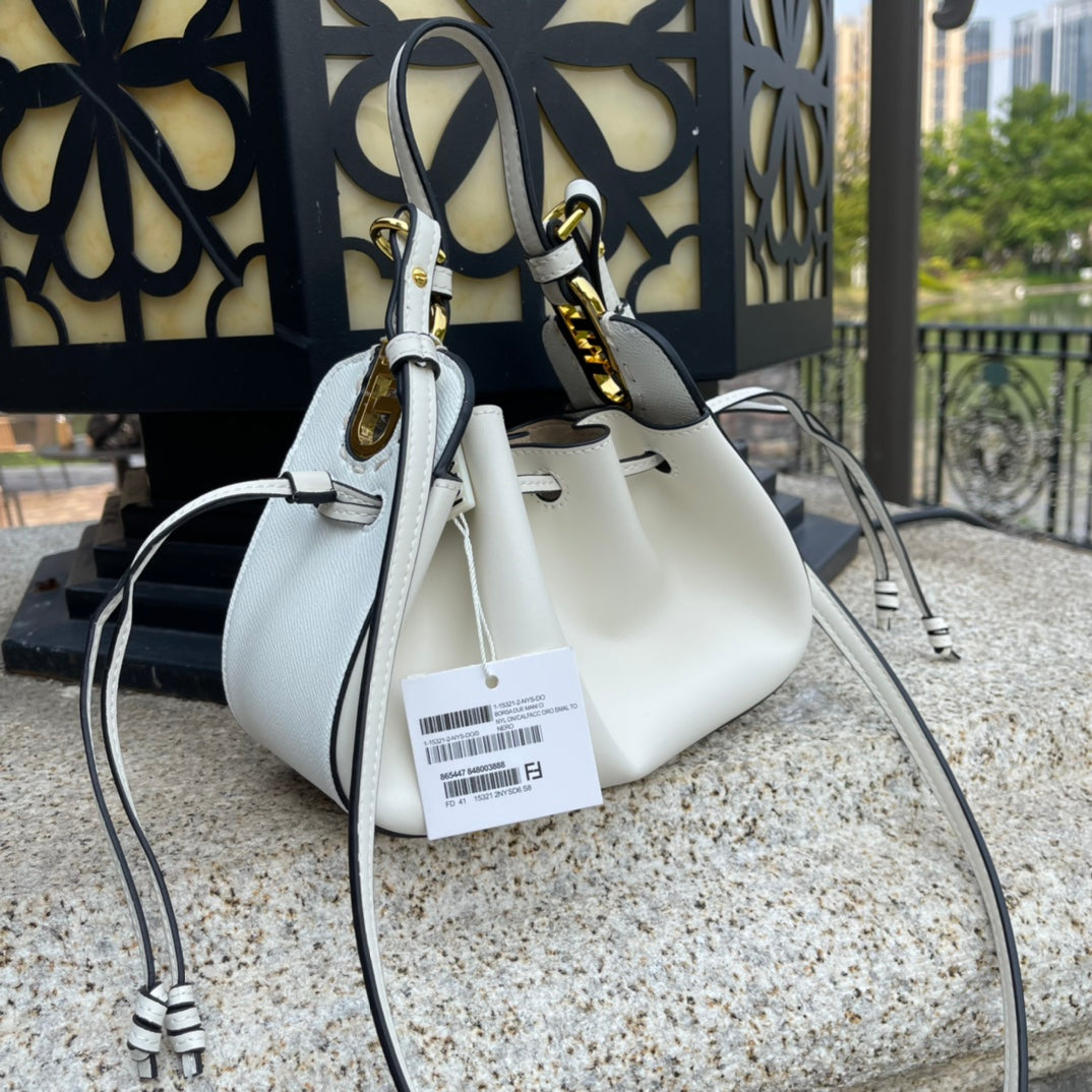 Fendi White Leather Mon Tresor Bucket Bag - Small Crossbody Handbag with Gold Hardware