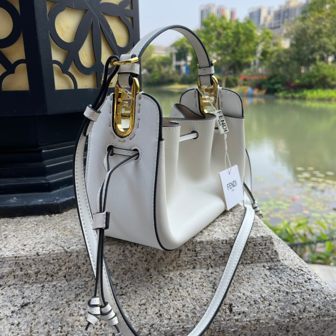 Fendi White Leather Mon Tresor Bucket Bag - Small Crossbody Handbag with Gold Hardware