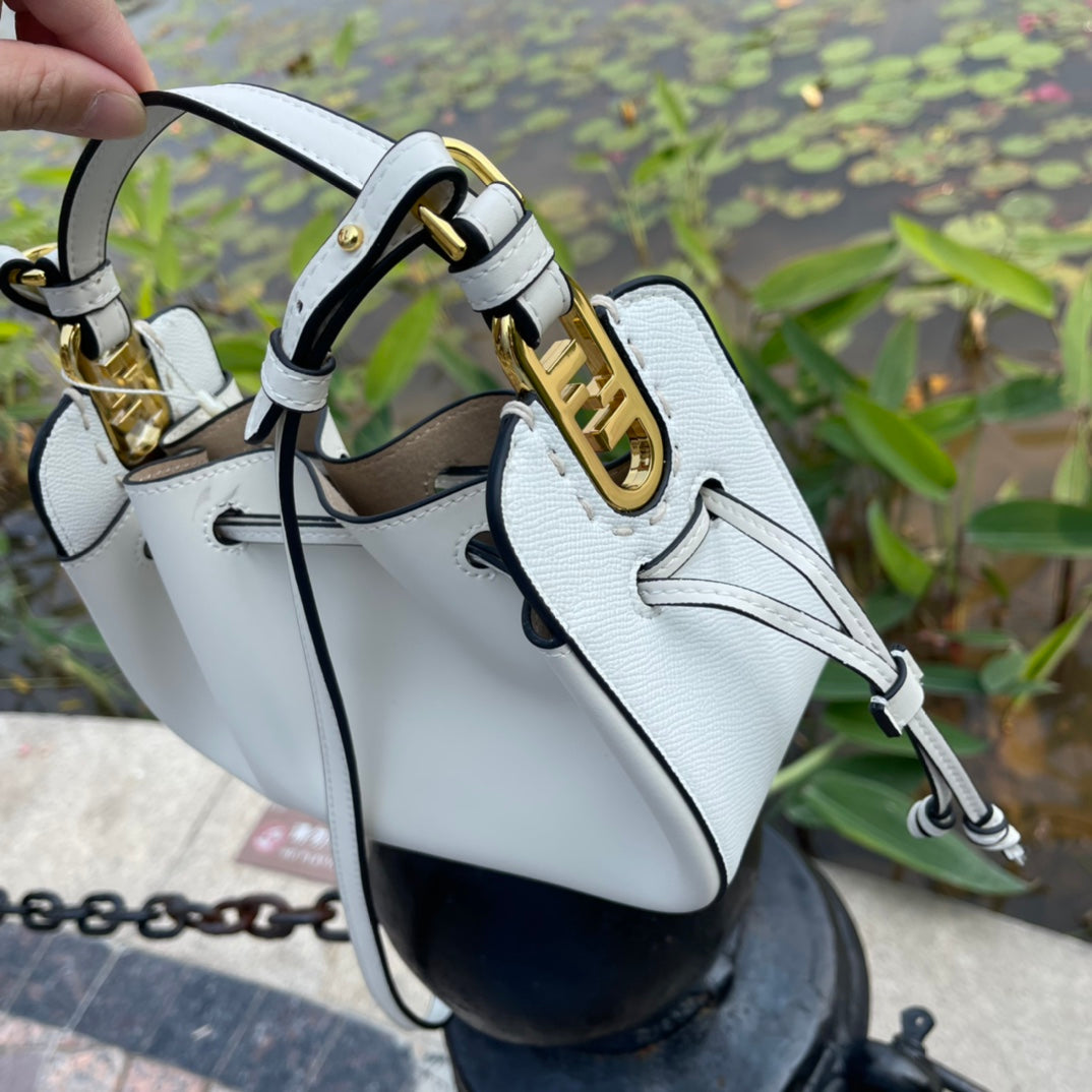 Fendi Small White Leather Bucket Bag - Luxury Drawstring Crossbody Handbag