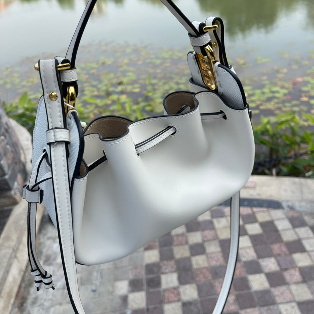 Fendi Small White Leather Bucket Bag - Luxury Drawstring Crossbody Handbag