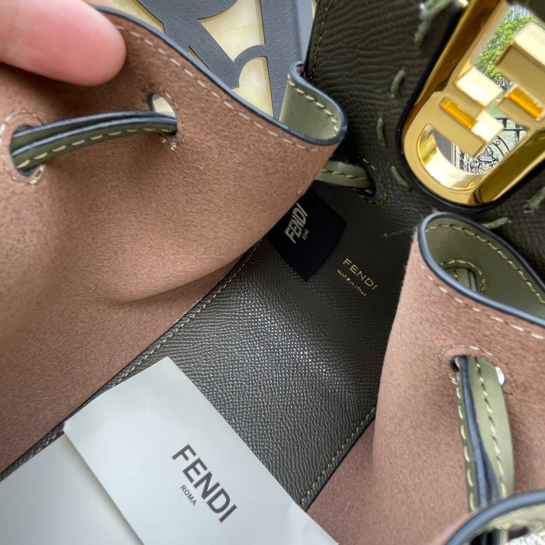 Fendi Mini Mon Tresor Olive Green Leather Bucket Bag - Gold Hardware