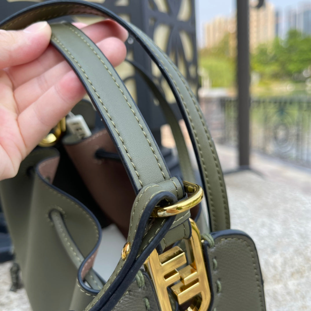 Fendi Mini Mon Tresor Olive Green Leather Bucket Bag - Gold Hardware