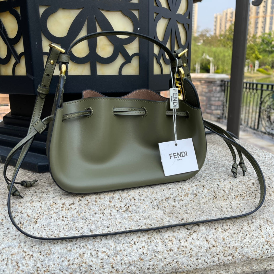 Fendi Mini Mon Tresor Olive Green Leather Bucket Bag - Gold Hardware