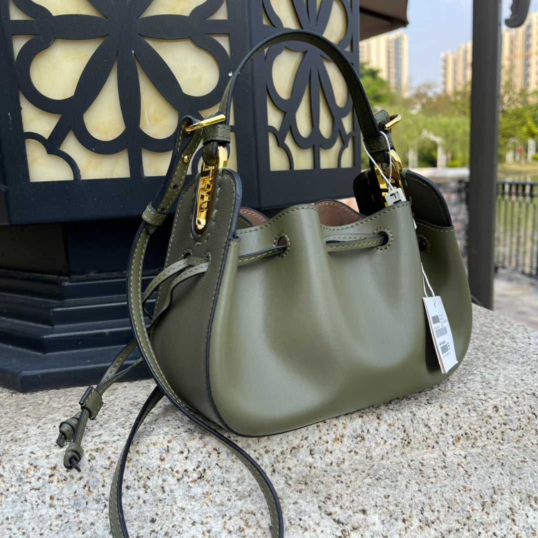 Fendi Mini Mon Tresor Olive Green Leather Bucket Bag - Gold Hardware