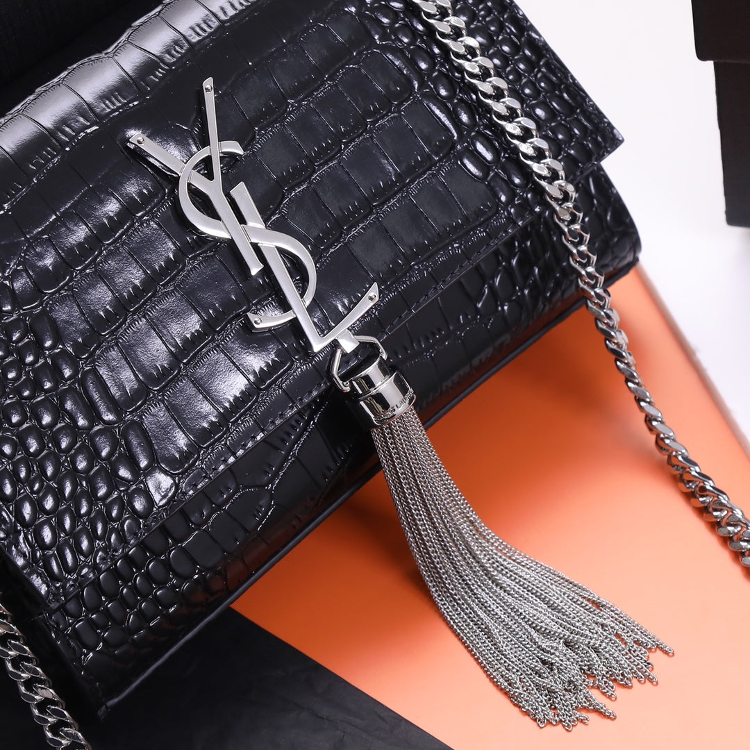 Saint Laurent Kate Small Tassel Bag in Crocodile-Embossed Leather