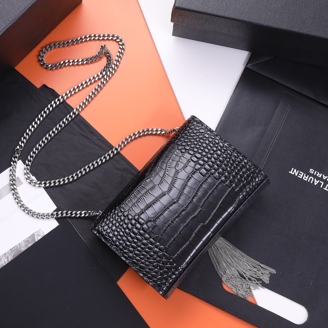 Saint Laurent Kate Small Tassel Bag in Crocodile-Embossed Leather