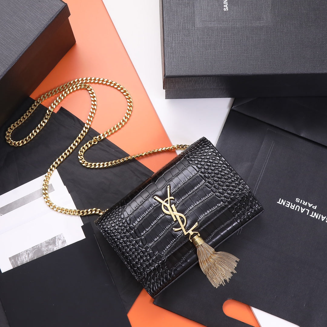 Saint Laurent Kate Small Tassel Bag in Crocodile-Embossed Leather
