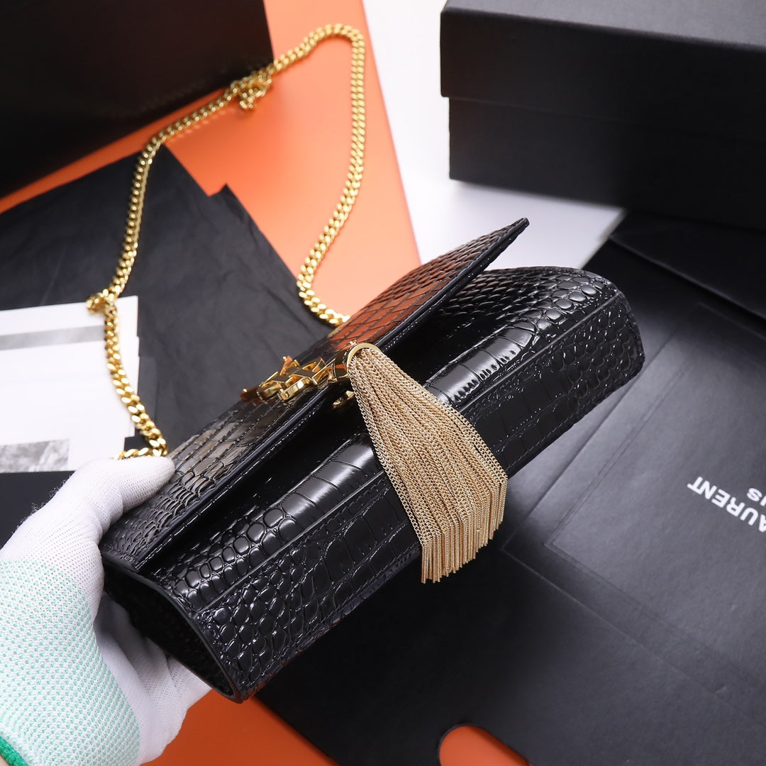 Saint Laurent Kate Small Tassel Bag in Crocodile-Embossed Leather