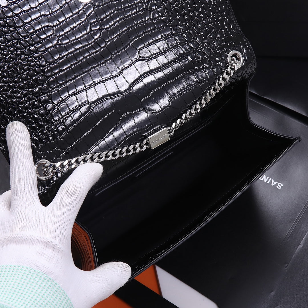 Saint Laurent Kate Tassel Crocodile-Embossed Leather Chain Wallet - Black