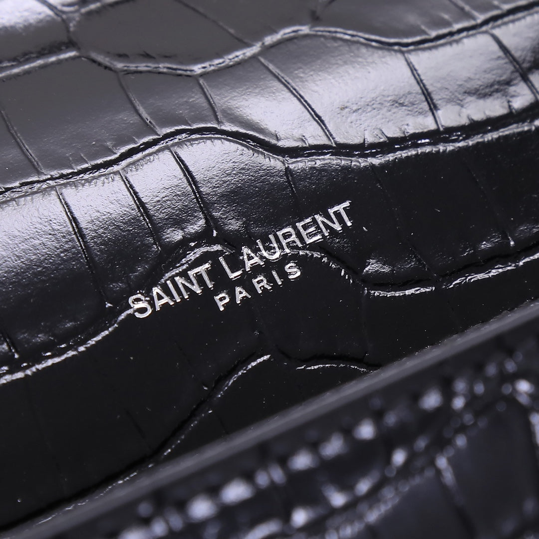 Saint Laurent Kate Tassel Crocodile-Embossed Leather Chain Wallet - Black