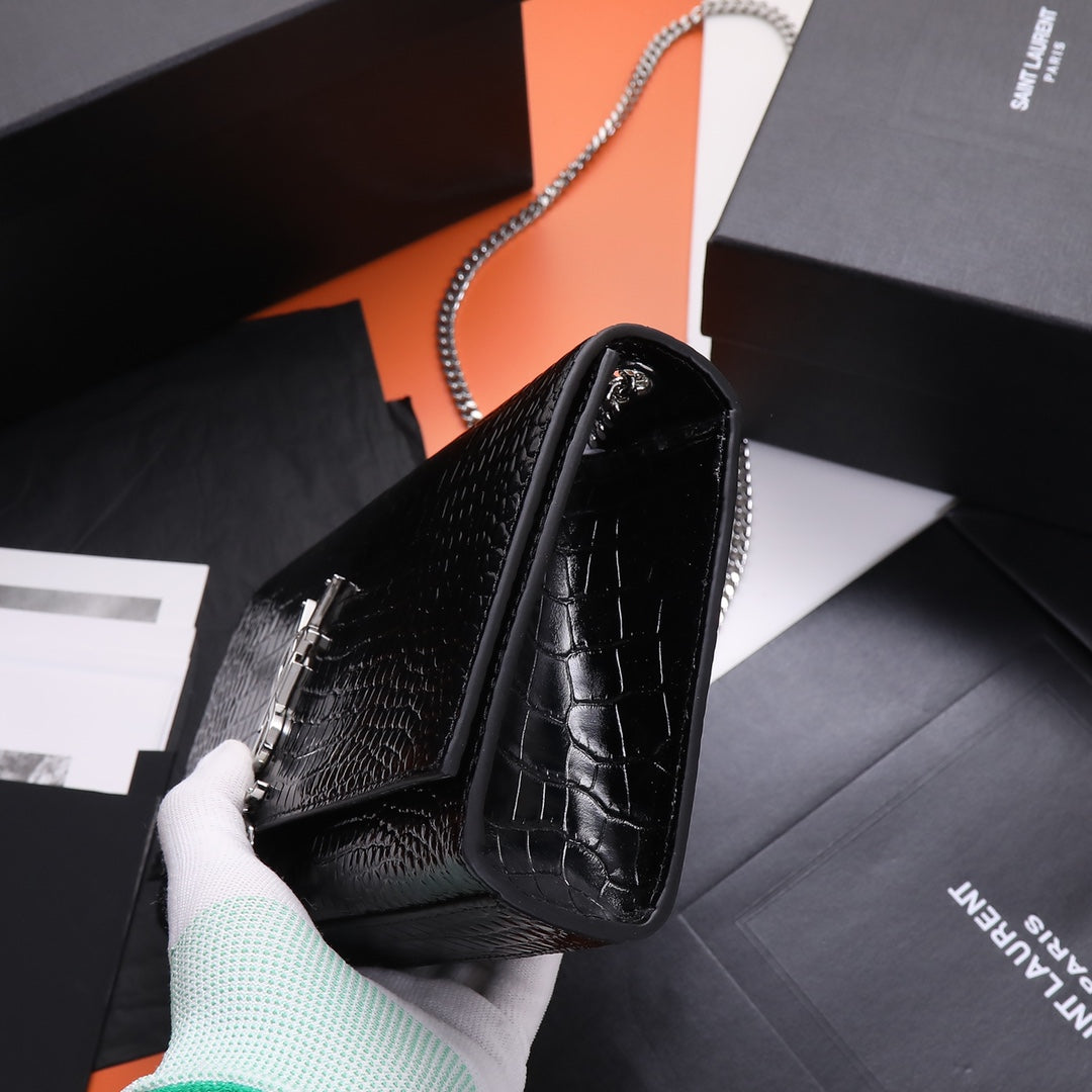 Saint Laurent Kate Tassel Crocodile-Embossed Leather Chain Wallet - Black