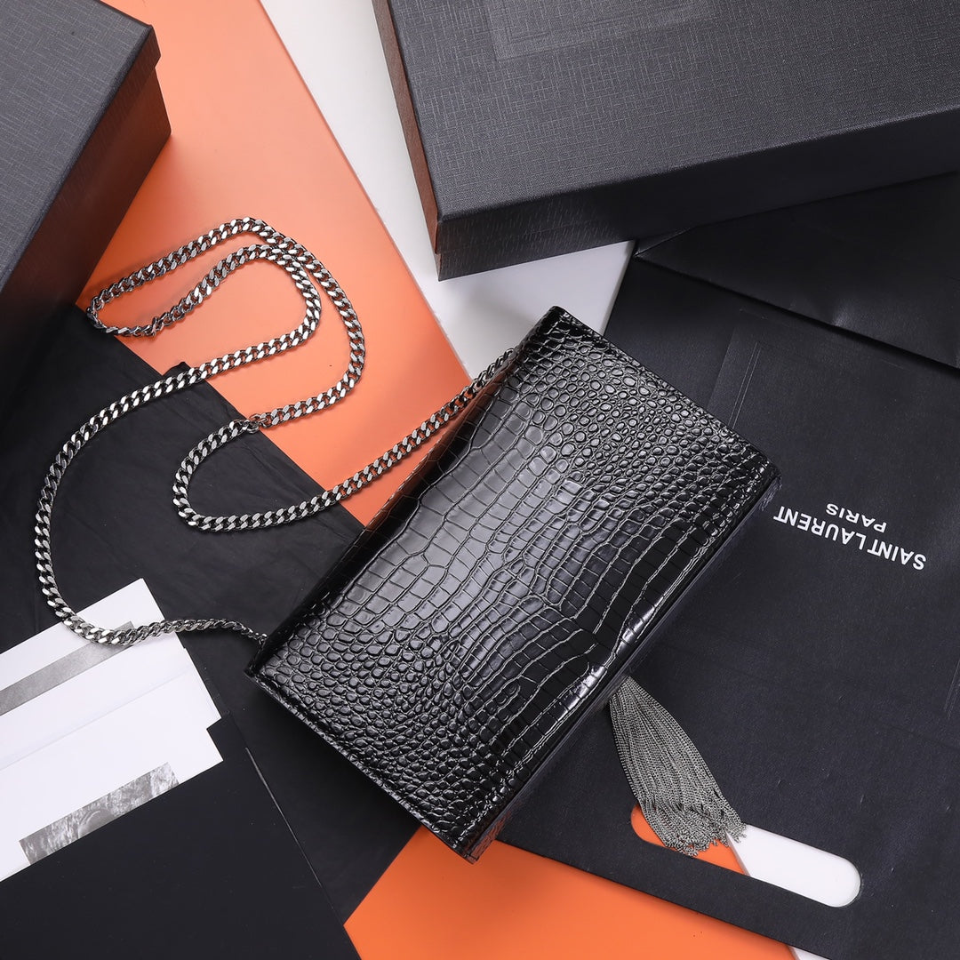 Saint Laurent Kate Tassel Crocodile-Embossed Leather Chain Wallet - Black