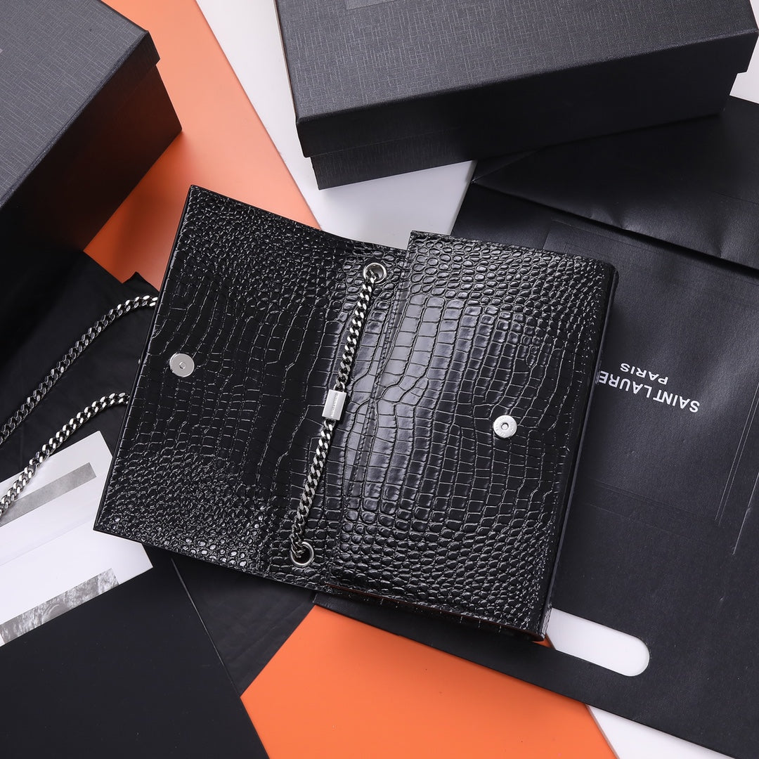 Saint Laurent Kate Tassel Crocodile-Embossed Leather Chain Wallet - Black