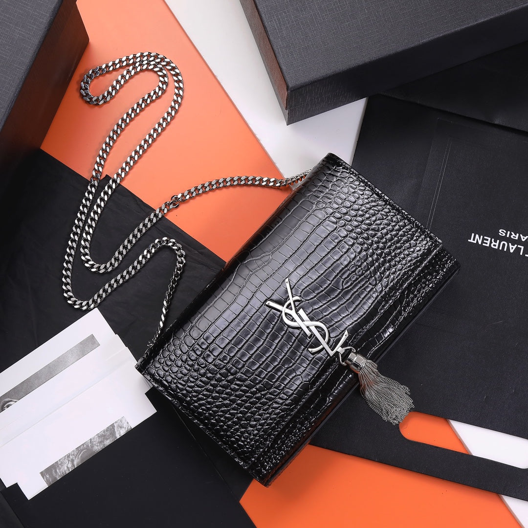 Saint Laurent Kate Tassel Crocodile-Embossed Leather Chain Wallet - Black