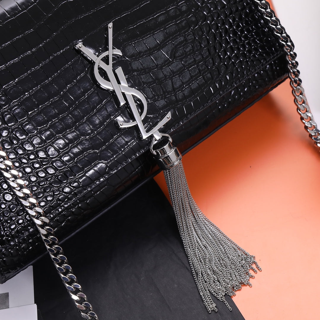 Saint Laurent Kate Tassel Crocodile-Embossed Leather Chain Wallet - Black
